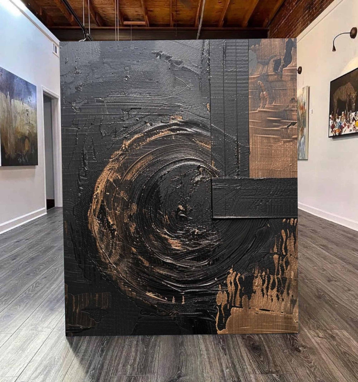 Black and Bronze Swirling Textured Large Abstract Artwork Poster - Image 2