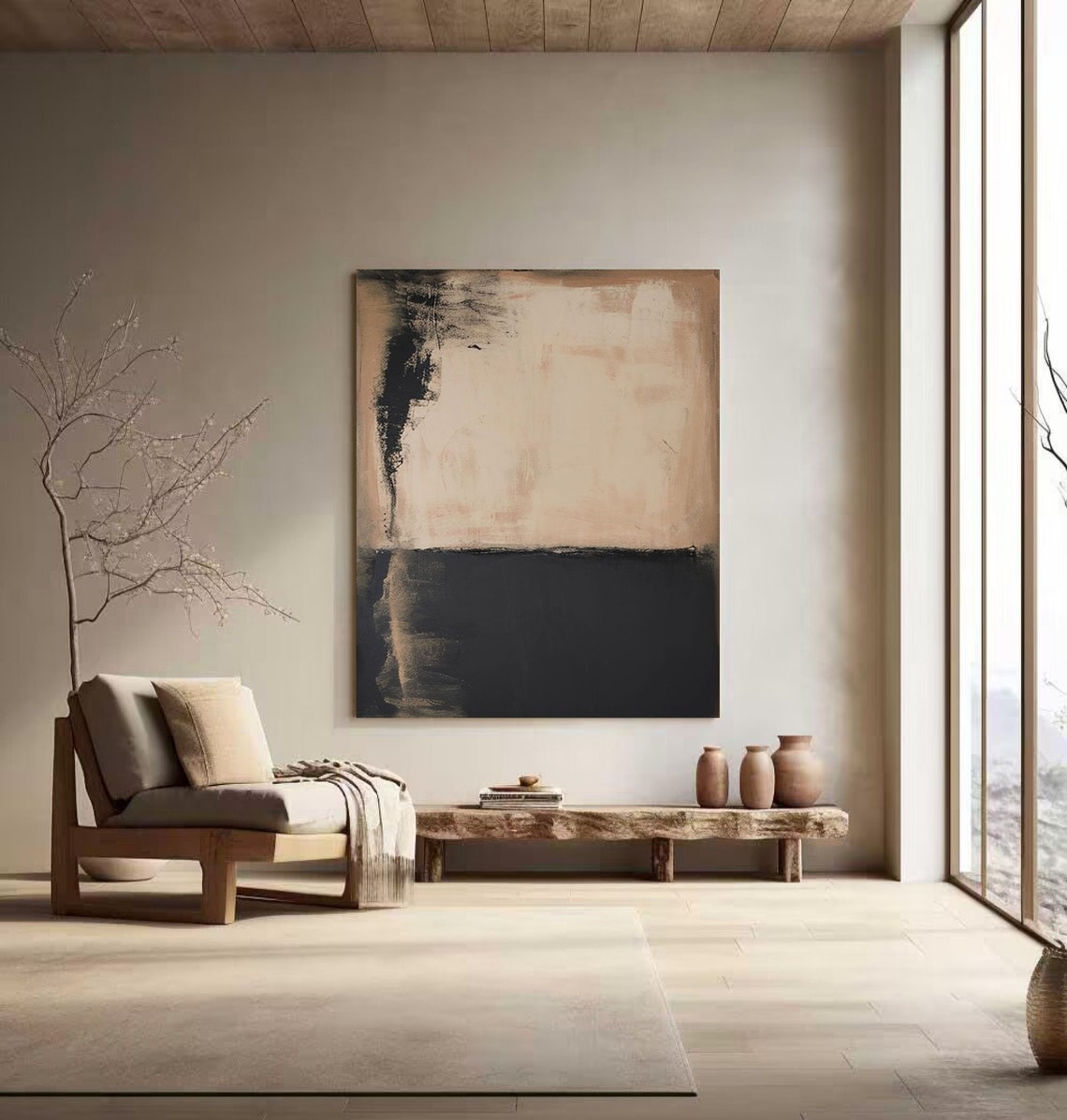 Black Beige Two Block Color Field Wabi Sabi Abstract Art Poster - Image 3