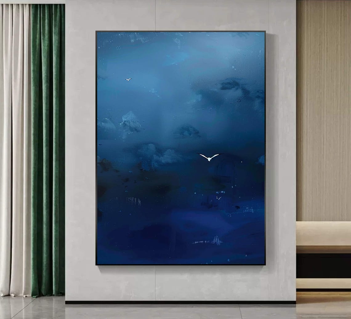 Deep Blue Starry Night Sky Moon and Birds Abstract Painting Poster - Image 3