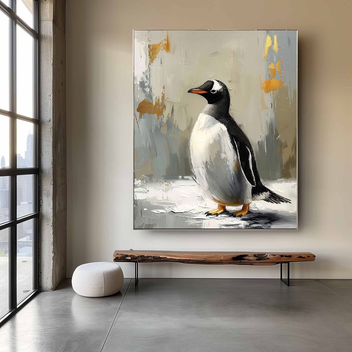 Elegant Penguin With Gold Accents Textured Oil Painting Art Poster - Image 2