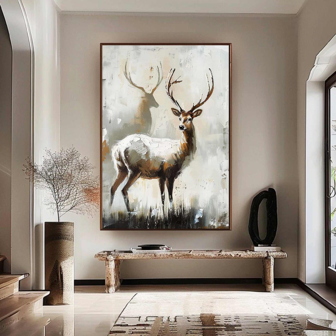 Majestic Stag Deer Duo on Beige Textured Oil Painting Poster - Image 3