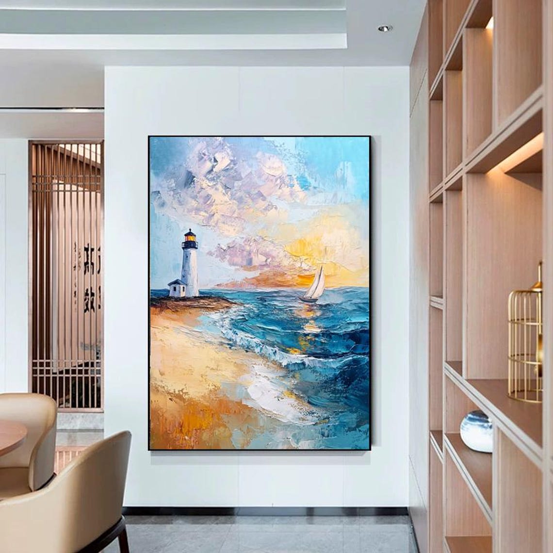 Classic Coastal Lighthouse at Sunset With a Sailboat Scene Poster - Image 2
