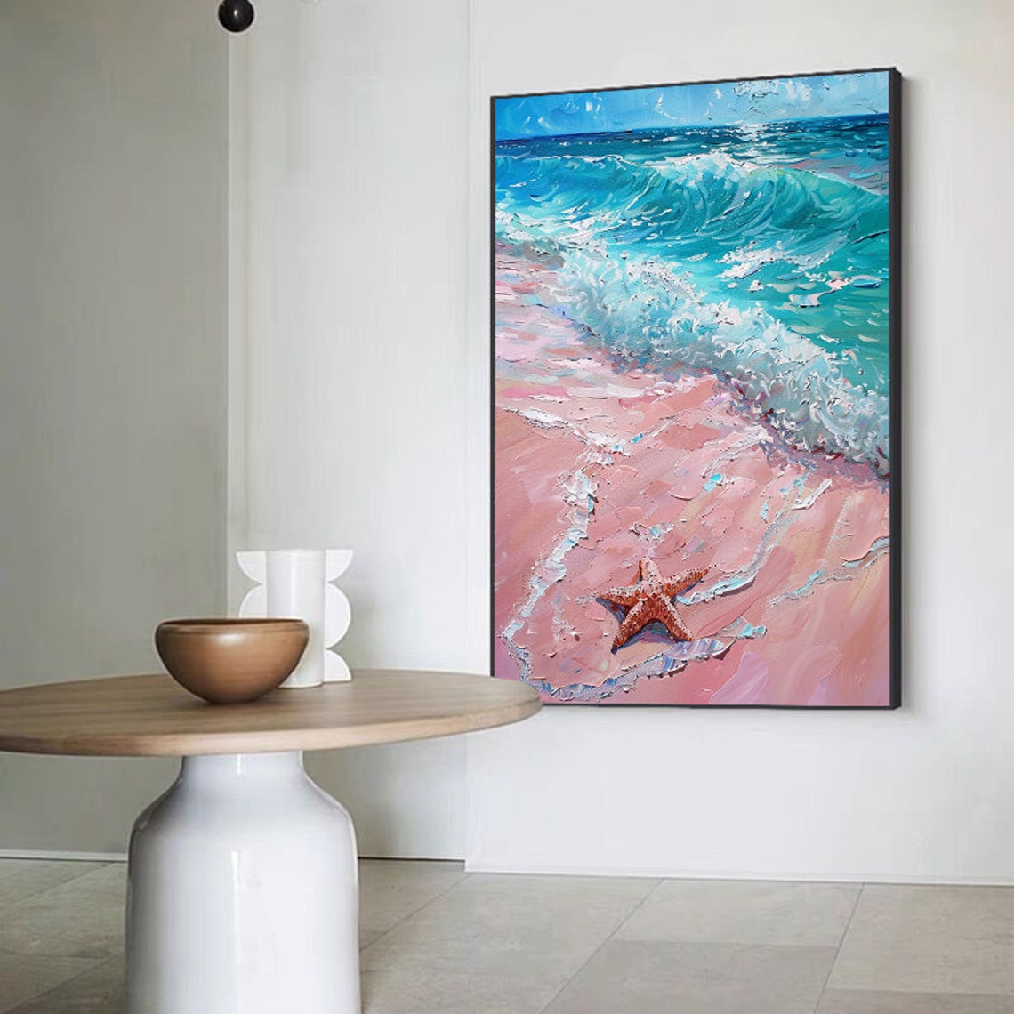 Turquoise Waves On Pink Sand Beach With Starfish Coastal Art Poster - Image 3