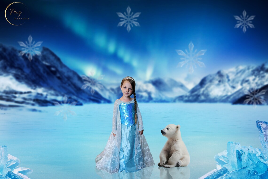 Ice Princess Girl With Polar Bear Cub Aurora Winter Backdrop Poster
