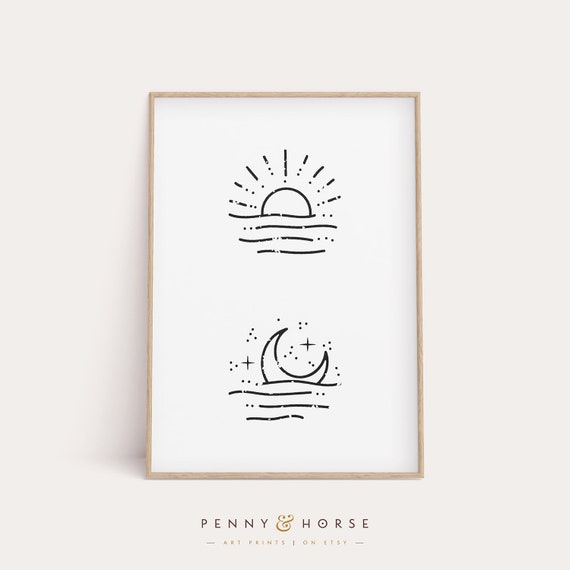 Sun Moon Print Wall Art Abstract Illustration Morning Sunrise Moon Wall Decor Stars Decor Art