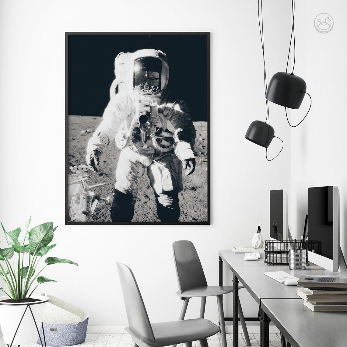 Apollo Astronaut on the Moon Black and White Photography Poster - Image 3