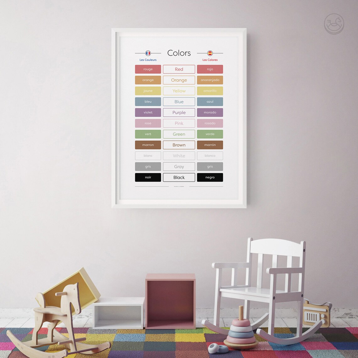 Colors In French English Spanish Trilingual Kids Nursery Poster - Image 2