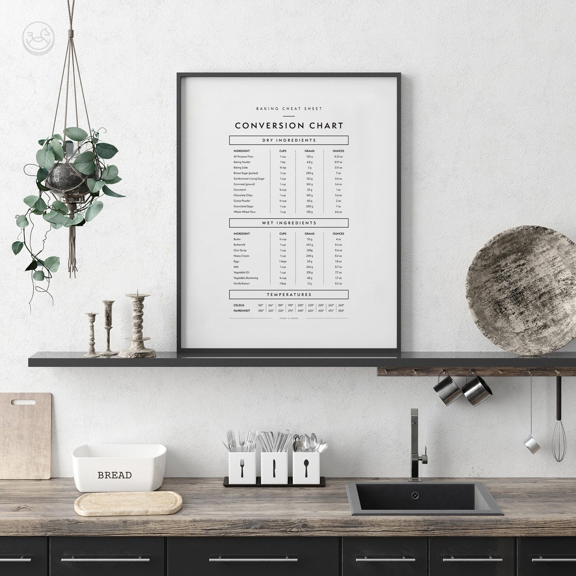 Baking Cheat Sheet Conversion Chart Dry Wet Ingredients Temps Poster - Image 3
