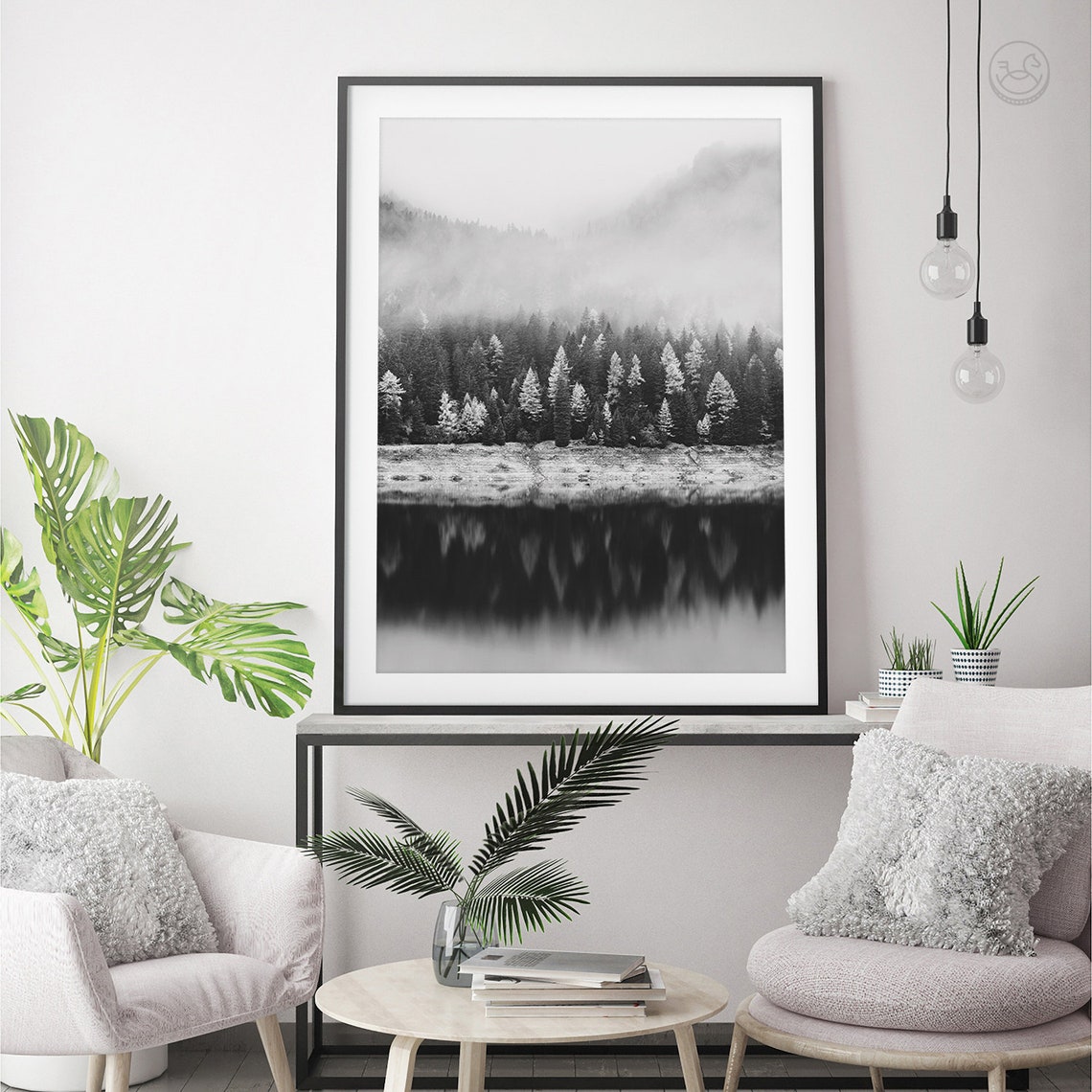 Misty Forest Lake Reflection Black And White Nature Photo Poster - Image 3