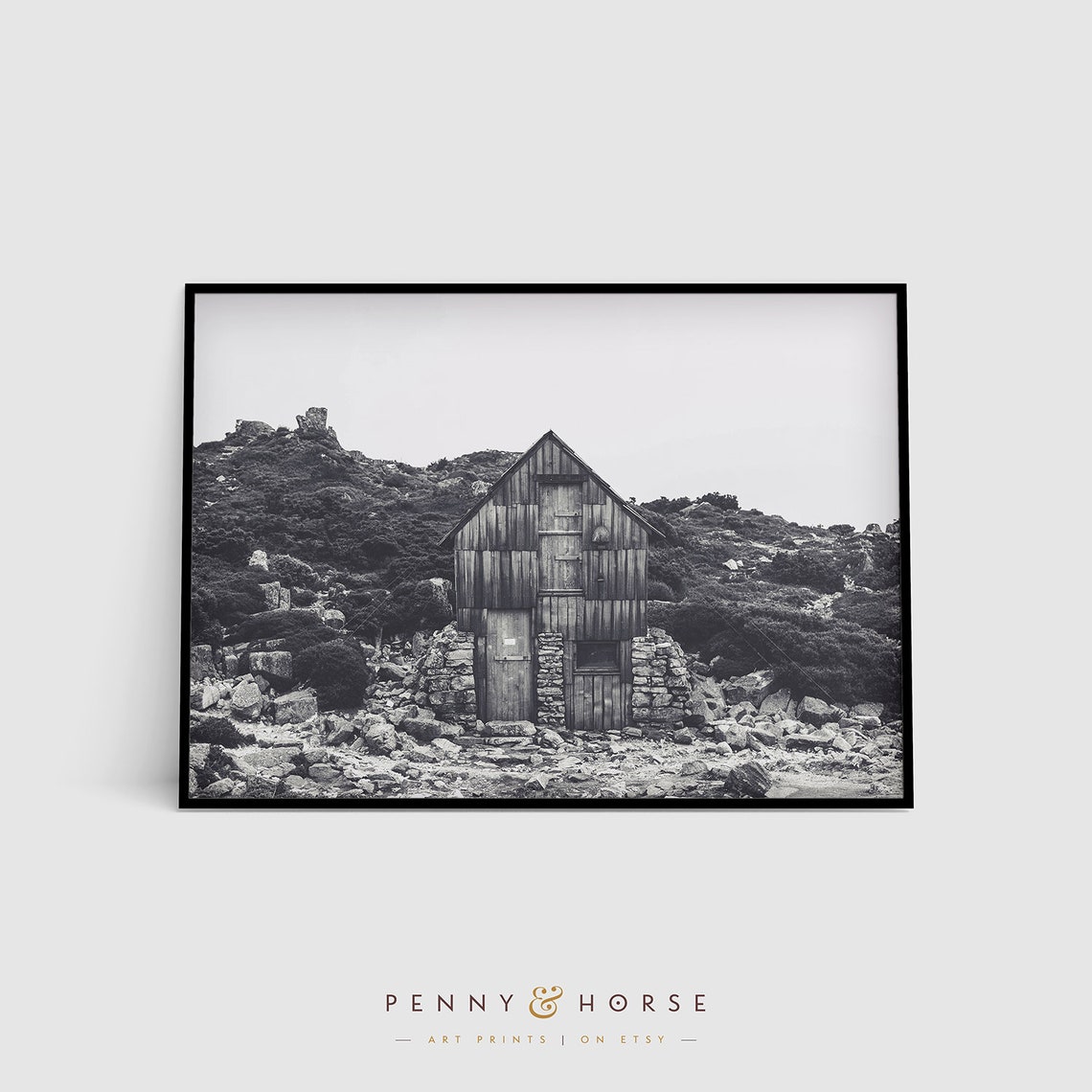 Black and White Mountain Stone Hut Landscape Photography Poster