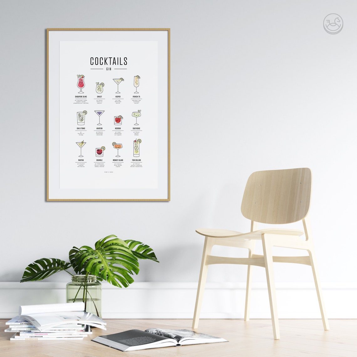 Gin Cocktails Illustrated Recipe Chart Twelve Classic Bar Wall Poster - Image 3