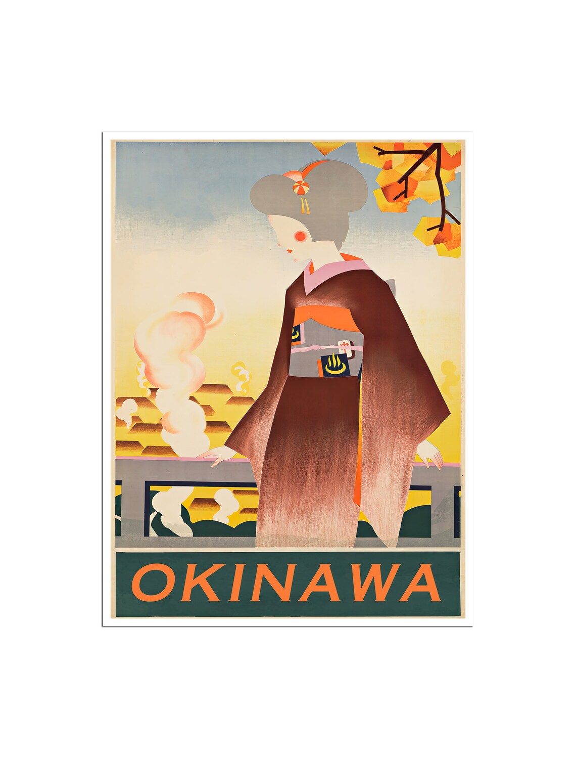 Okinawa Japan Geisha Onsen Springs Art Deco Vintage Travel Poster