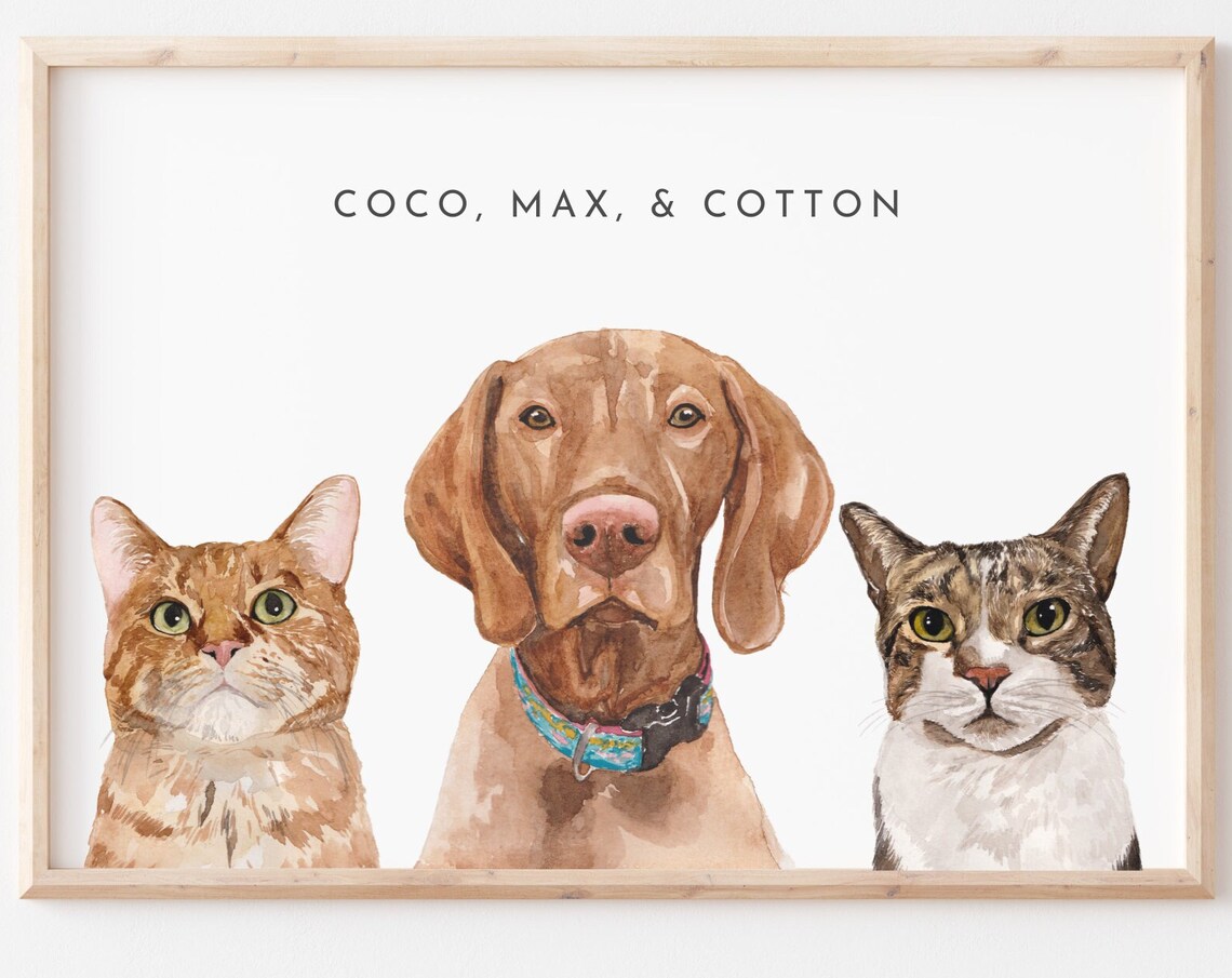 Three Pet Custom Watercolor Portrait Memorial Gift