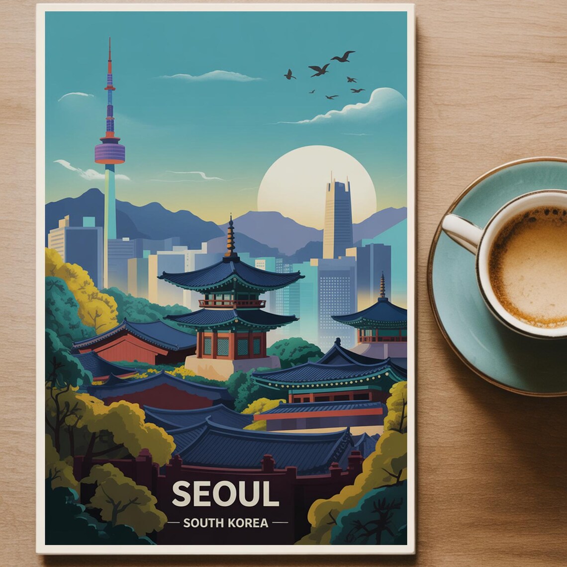 Seoul South Korea N Seoul Tower Palace Retro Travel City Poster
