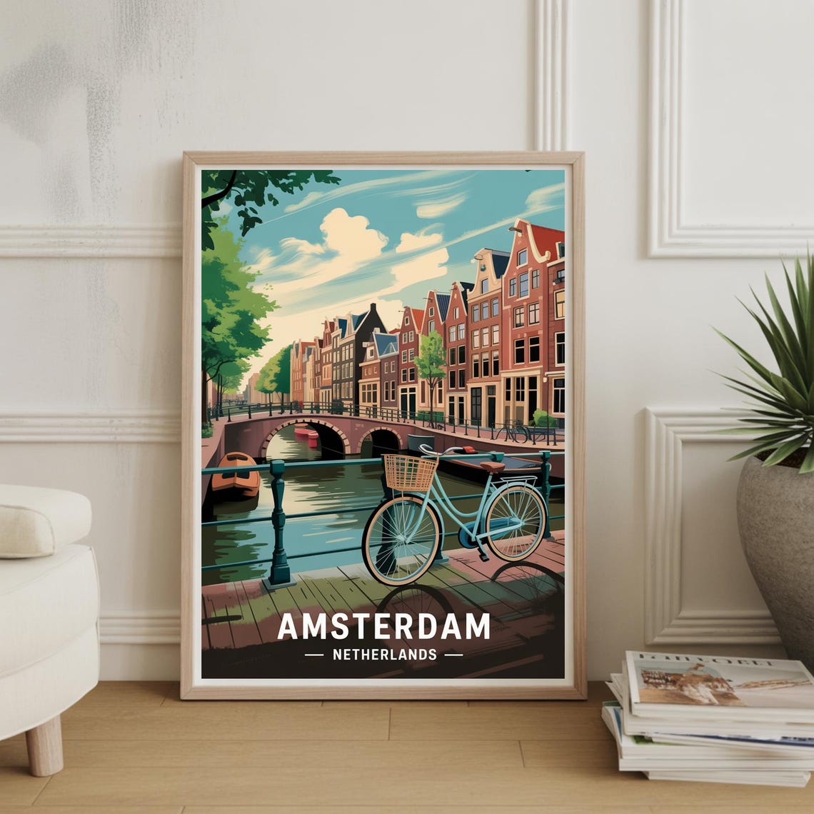 Amsterdam Netherlands Canal Bridge Bicycle Vintage Travel Poster