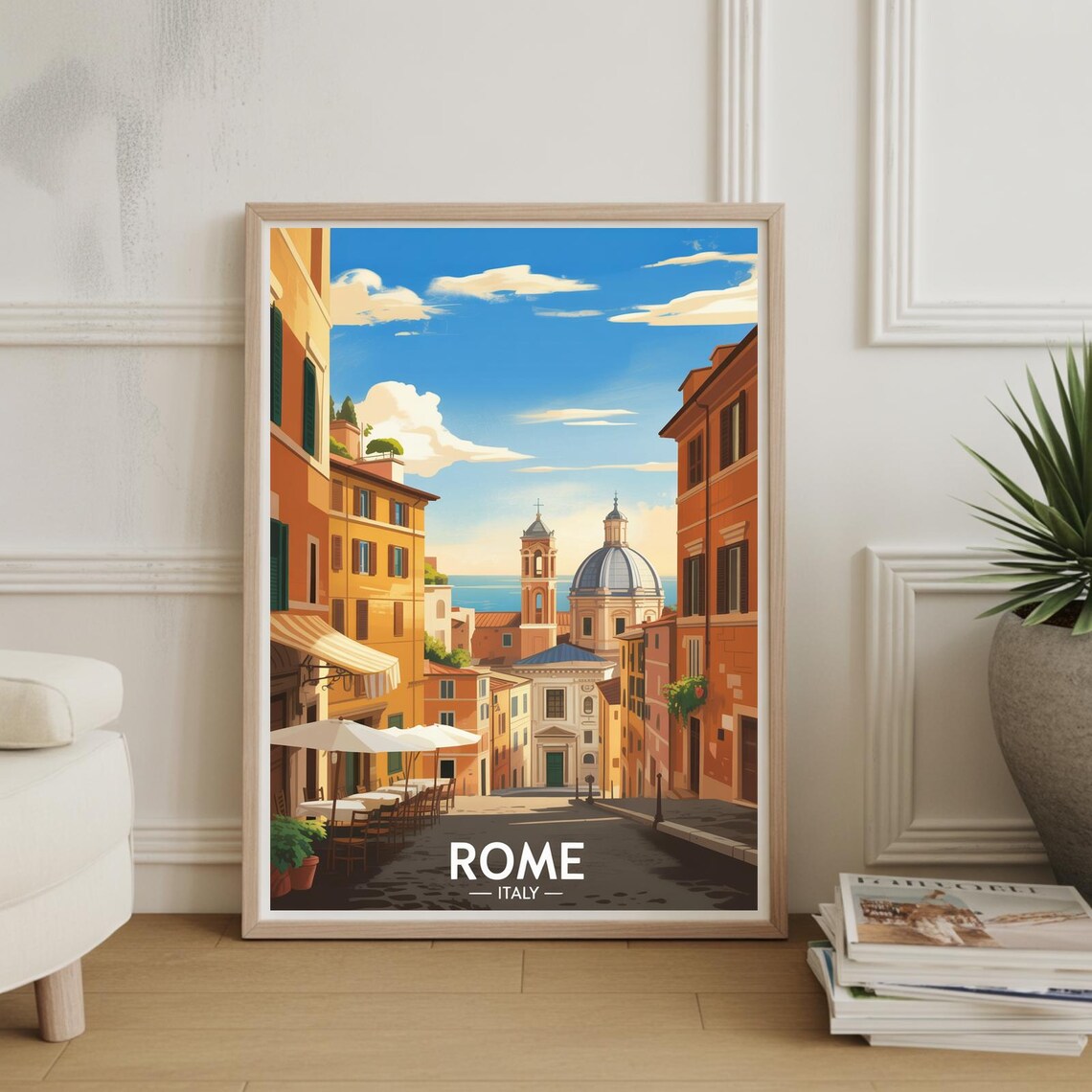Rome Italy Cobbled Street Outdoor Cafe Church Domes Travel Poster