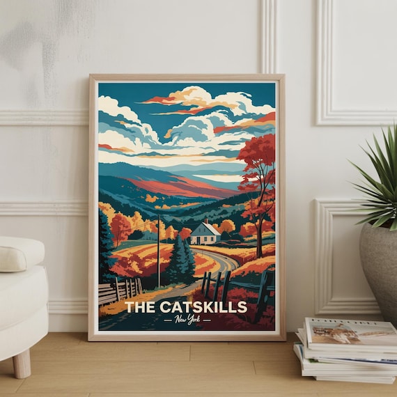 The Catskills New York Autumn Valley Travel Art Vintage Style Poster