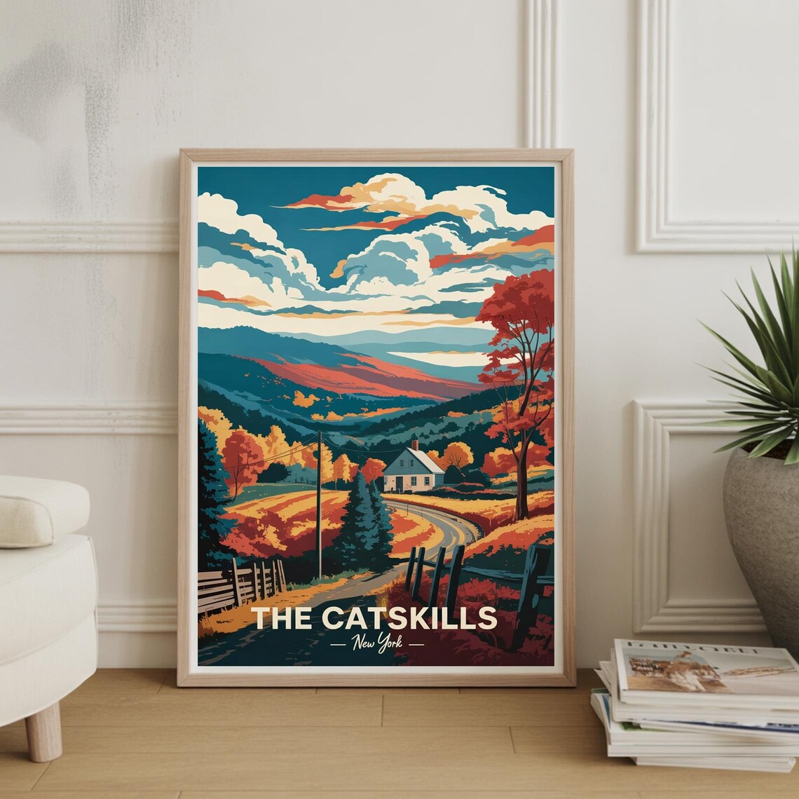 The Catskills New York Autumn Valley Travel Art Vintage Style Poster