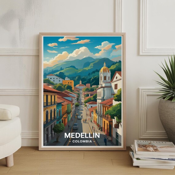 Medellin Colombia Colorful Street Church Mountain View Art Poster