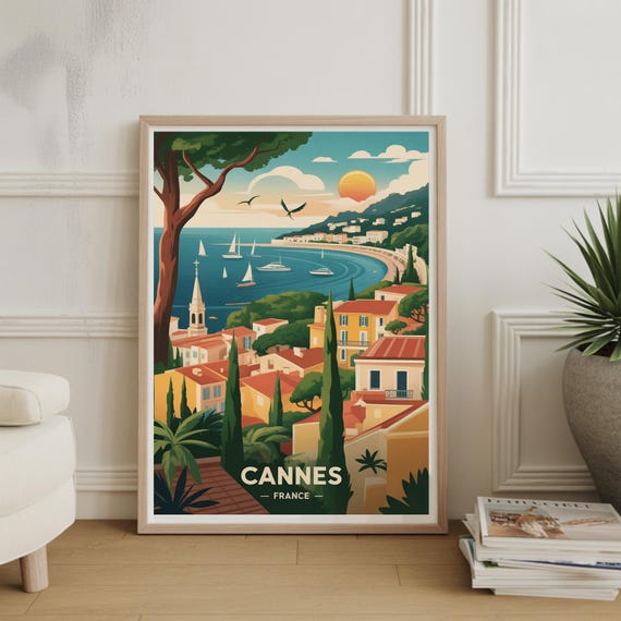 Midcentury Modern Cannes Travel Poster French Riviera Wall Art Hallway Decor Cityscape Print