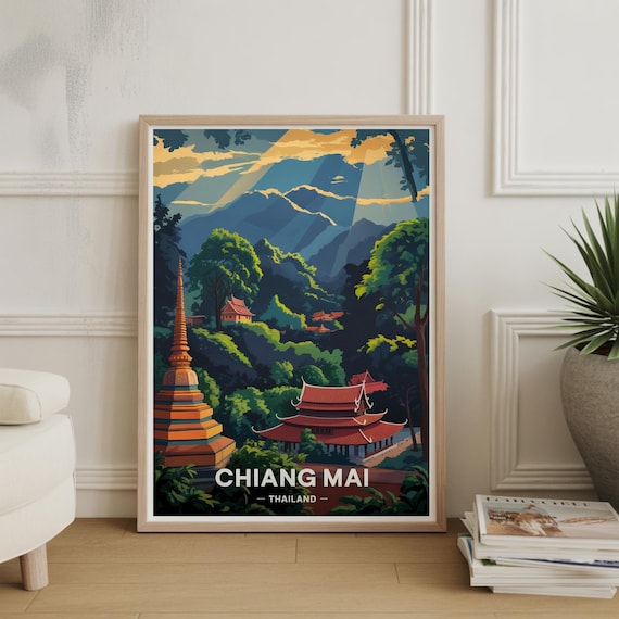 Chiang Mai Thailand Mountain Temple Sunset Vintage Travel Poster