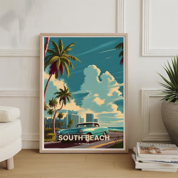 South Beach Florida Vintage Car Palm Trees Coastal Retro Travel Poster