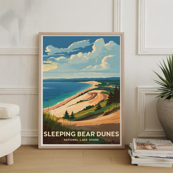 Sleeping Bear Dunes Travel Poster Wall Art For Home Office Illustration Artwork Unique Enthusiasts