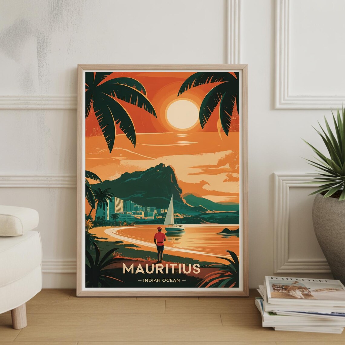 Mauritius Indian Ocean Vintage Travel Poster Sunset Beach Sailboat Art