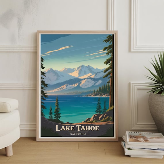 Lake Tahoe California Snowy Mountain Peaks Vintage Travel Poster