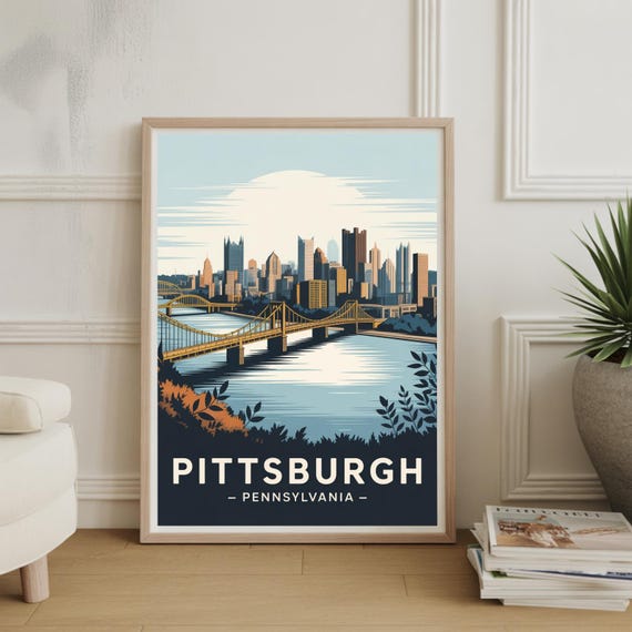 Pittsburgh Skyline Travel Poster Pennsylvania Cityscape Wall Art For Home Office Decor Lover