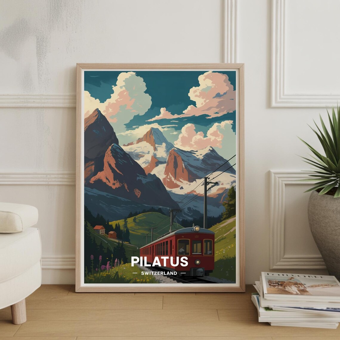 Pilatus Switzerland Red Cogwheel Train Alpine Mountain Travel Poster