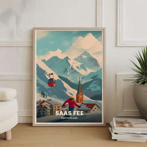 Swiss Alps Ski Resort Poster Saas Fee Zermatt Verbier Travel Art Matterhorn Mountain Decor Skiing Enthusiast Gift
