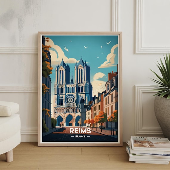 Reims France Gothic Cathedral Autumn Street Scene Travel Poster