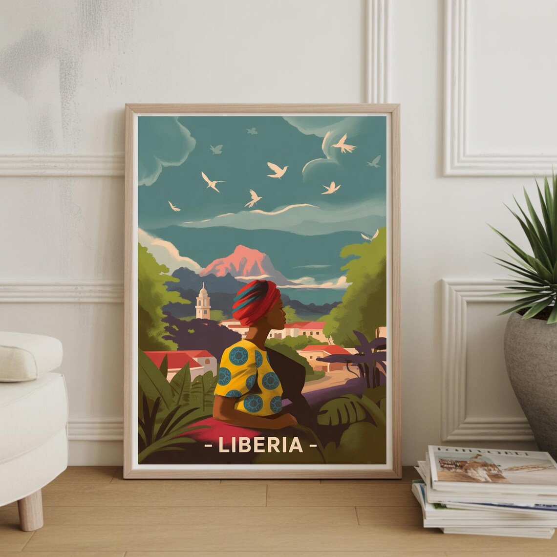 Liberia West Africa Village Mountain Retro Vintage Travel Poster