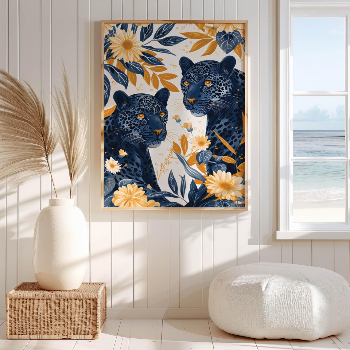 Two Blue Leopards Among Golden Daisies in Navy and Gold Poster - Image 5