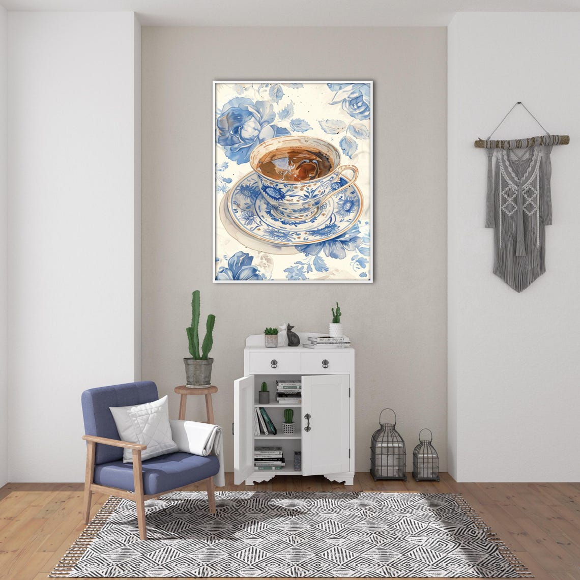 Blue and White Porcelain Teacup with Coffee Vintage Still Life Poster - Image 4