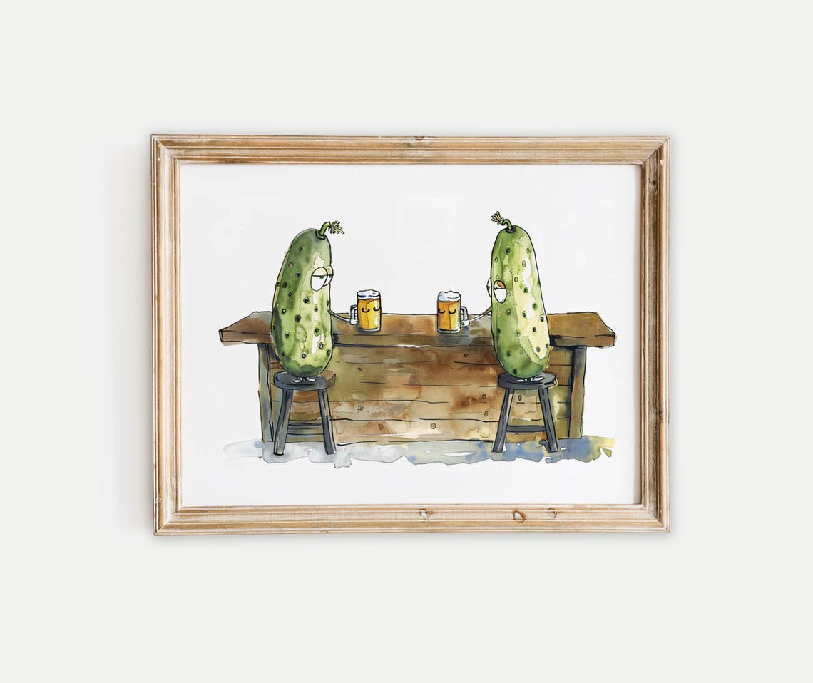 Funny Pickles Sipping Beer Together at a Rustic Wooden Bar Poster