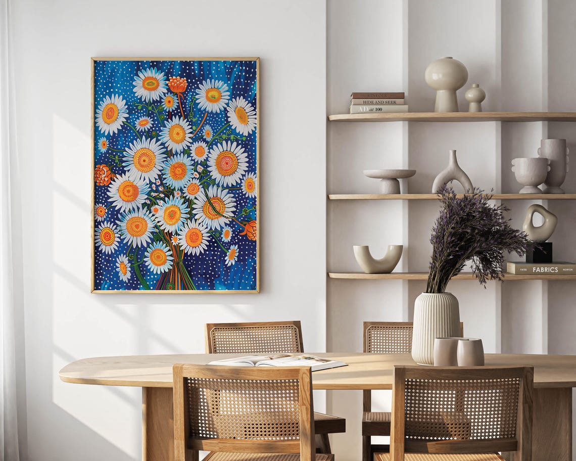 White Daisies with Orange Centers on Starry Blue Night Poster - Image 4