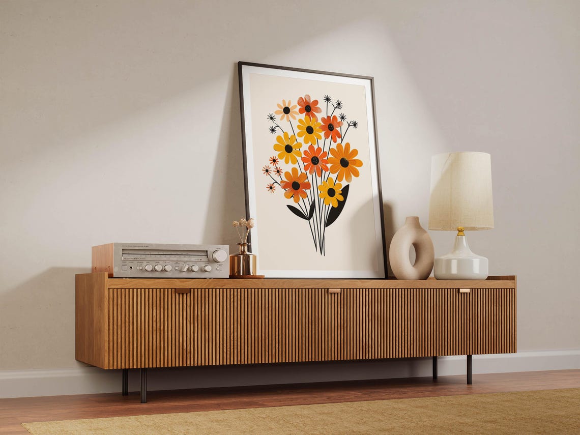 Marigold and Daisy Retro Bouquet Mid Century Floral Art Poster - Image 3