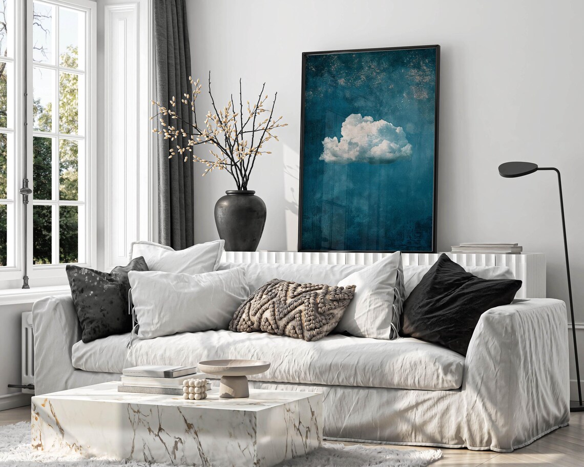 White Cloud Print, Blue Sky Retro Minimalist - Image 6
