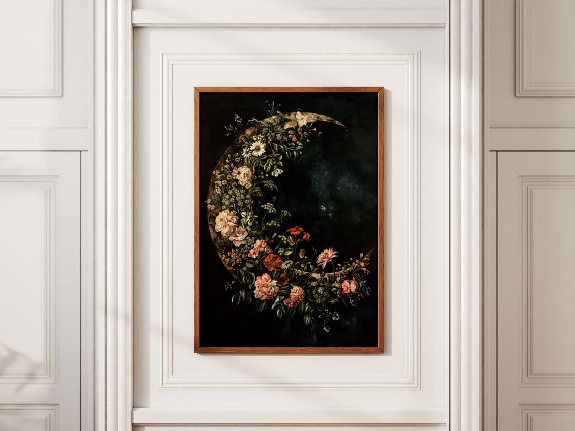 Floral Crescent Moon Botanical Night Sky Vintage Flower Art Poster