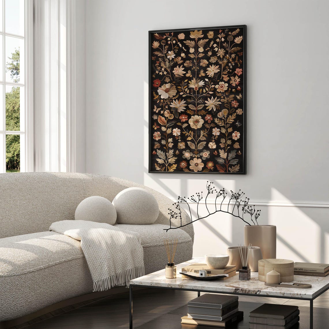 Symmetrical Dark Botanical Tapestry With Pink Blossoms Poster - Image 6