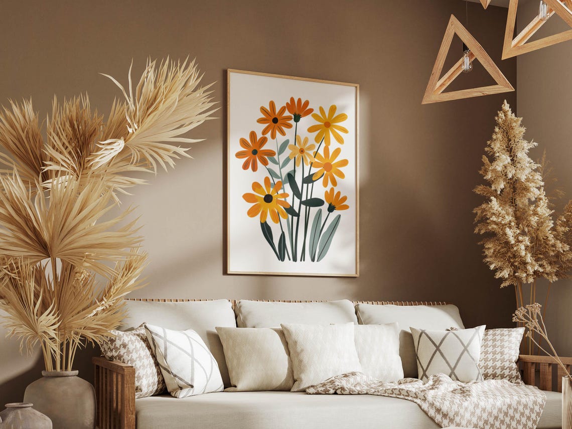 Orange Marigold Daisy Bouquet Modern Floral Illustration Poster - Image 2