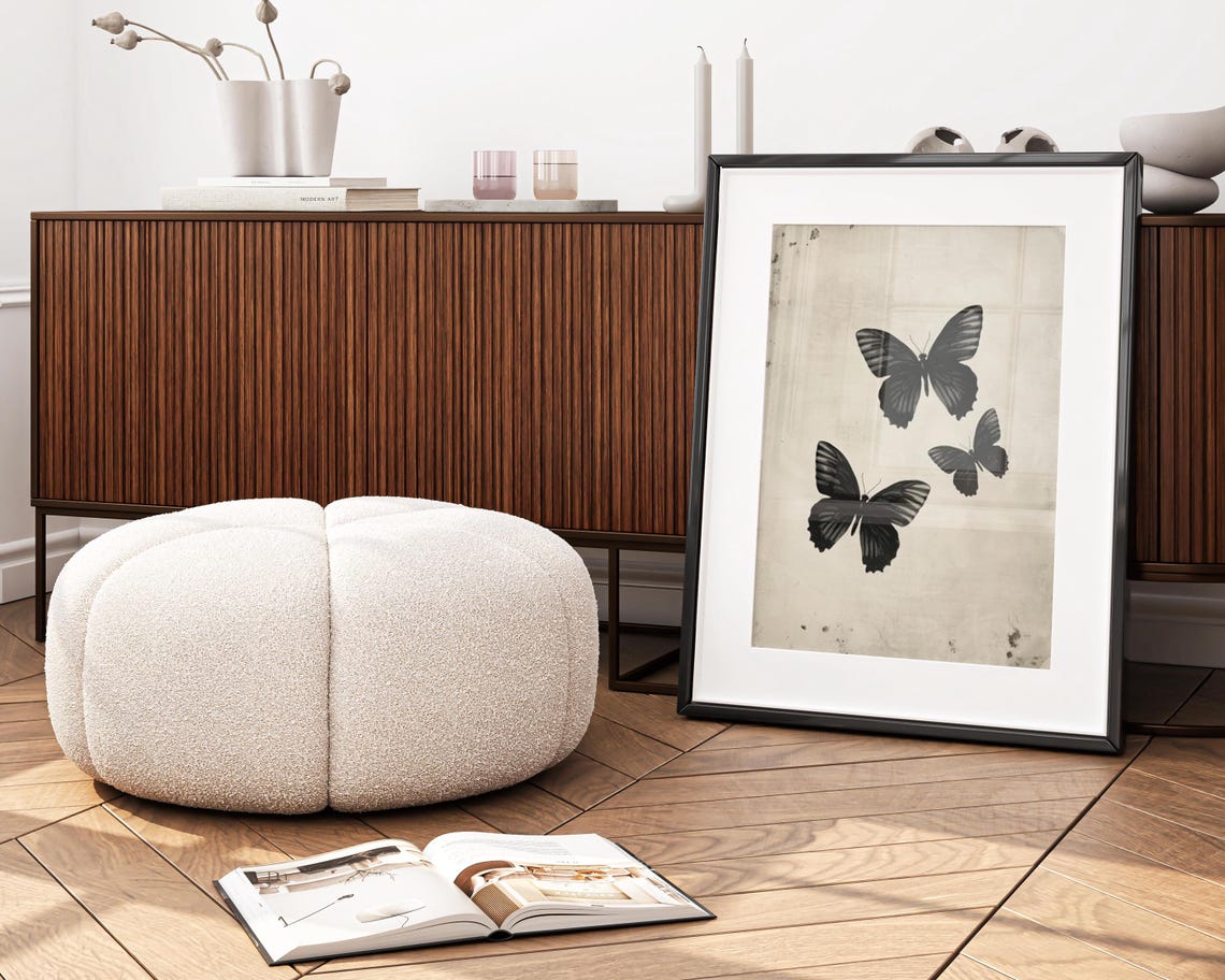 Three Black Butterflies on Vintage Cream Paper Botanical Wall Art - Image 3