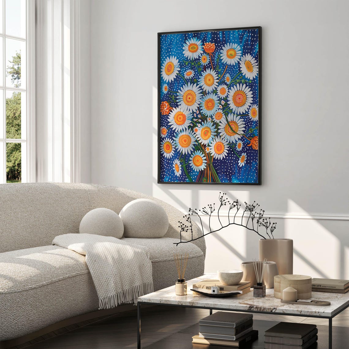 White Daisies with Orange Centers on Starry Blue Night Poster - Image 6
