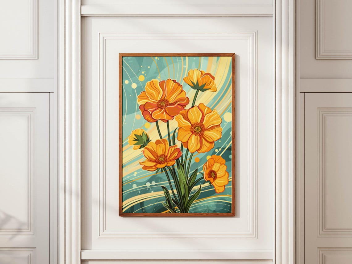 Orange Poppies over Teal Waves Modern Graphic Floral Art Poster