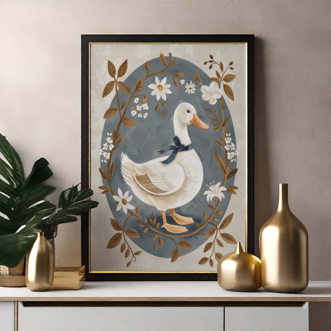 White Duck Wearing a Blue Ribbon in Vintage Oval Botanical Poster - Image 2