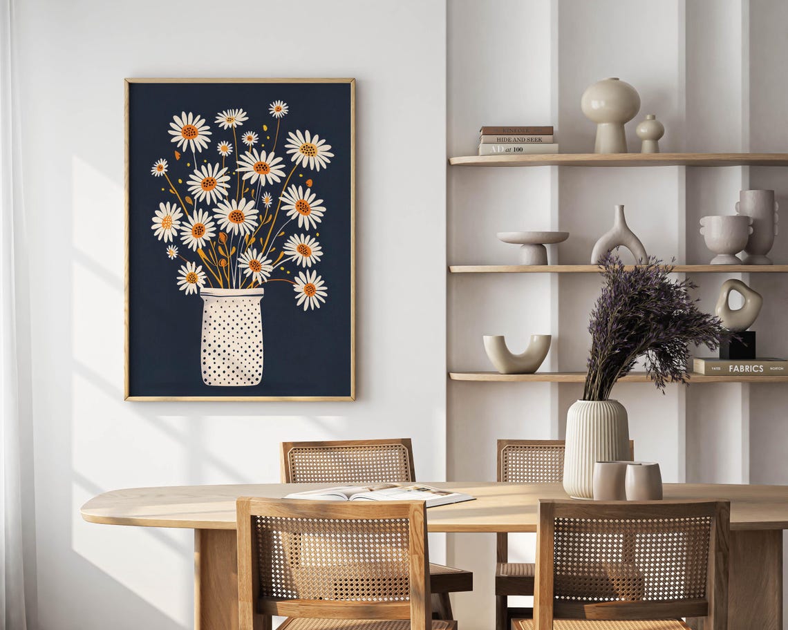 Chamomile Daisies in Polka-Dot Vase on Dark Navy Floral Poster - Image 5