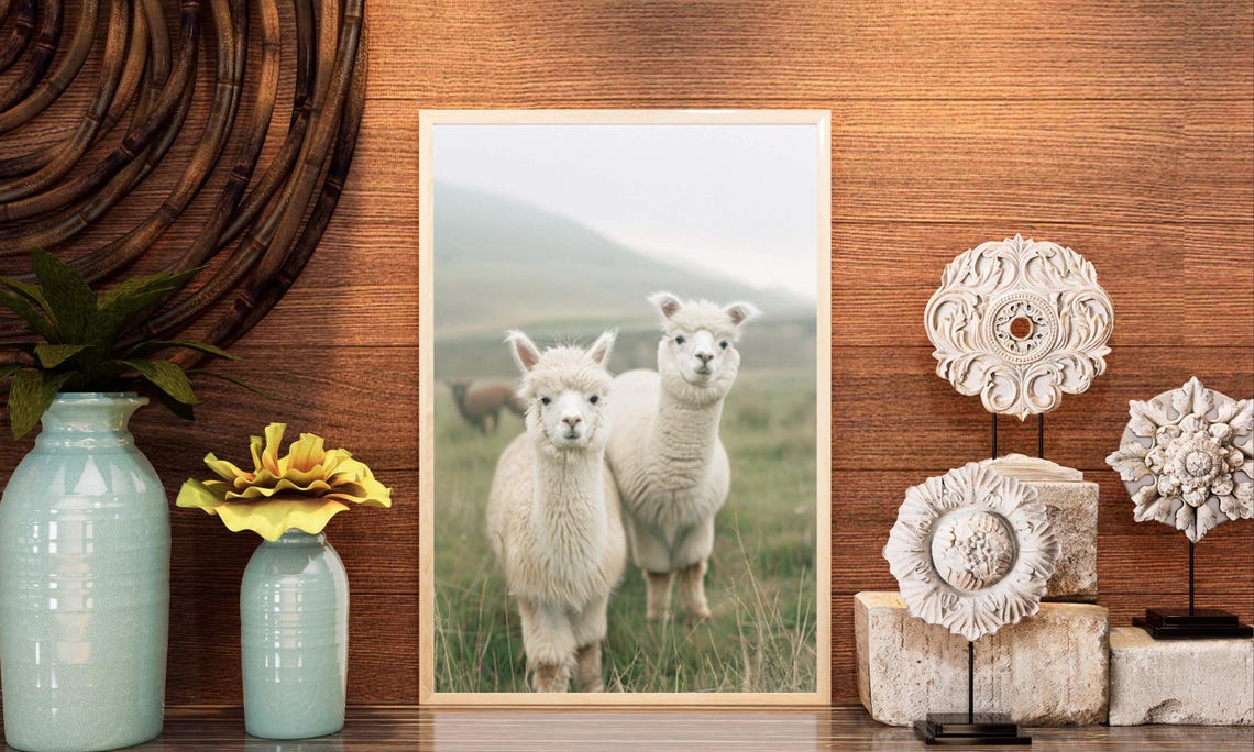 White Alpacas in a Misty Morning Meadow Vintage Style Art Poster - Image 7
