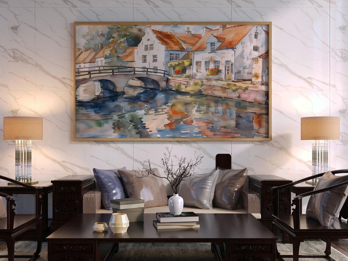 Bruges Canal Watercolor with Red Roofs and Stone Bridge Art Poster - Image 5